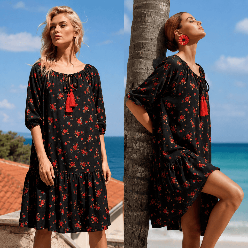 Rochie neagra cu volan, tip ie si imprimeu floral rosu , rochie tip ie - Paula