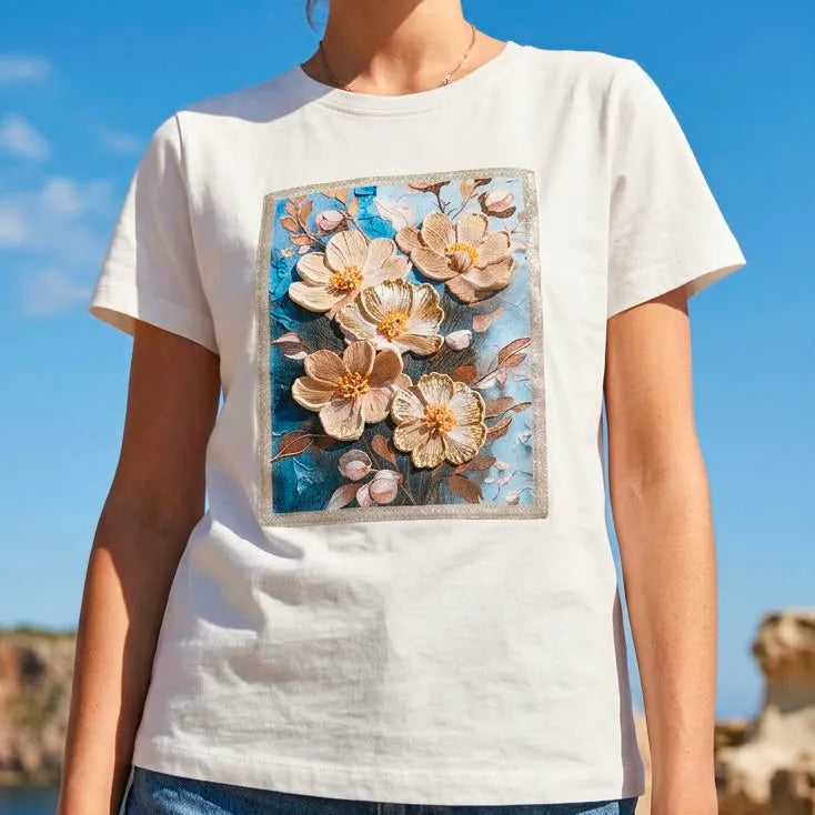Tricou alb cu imprimeu cu floral 3D - Andra crem 03