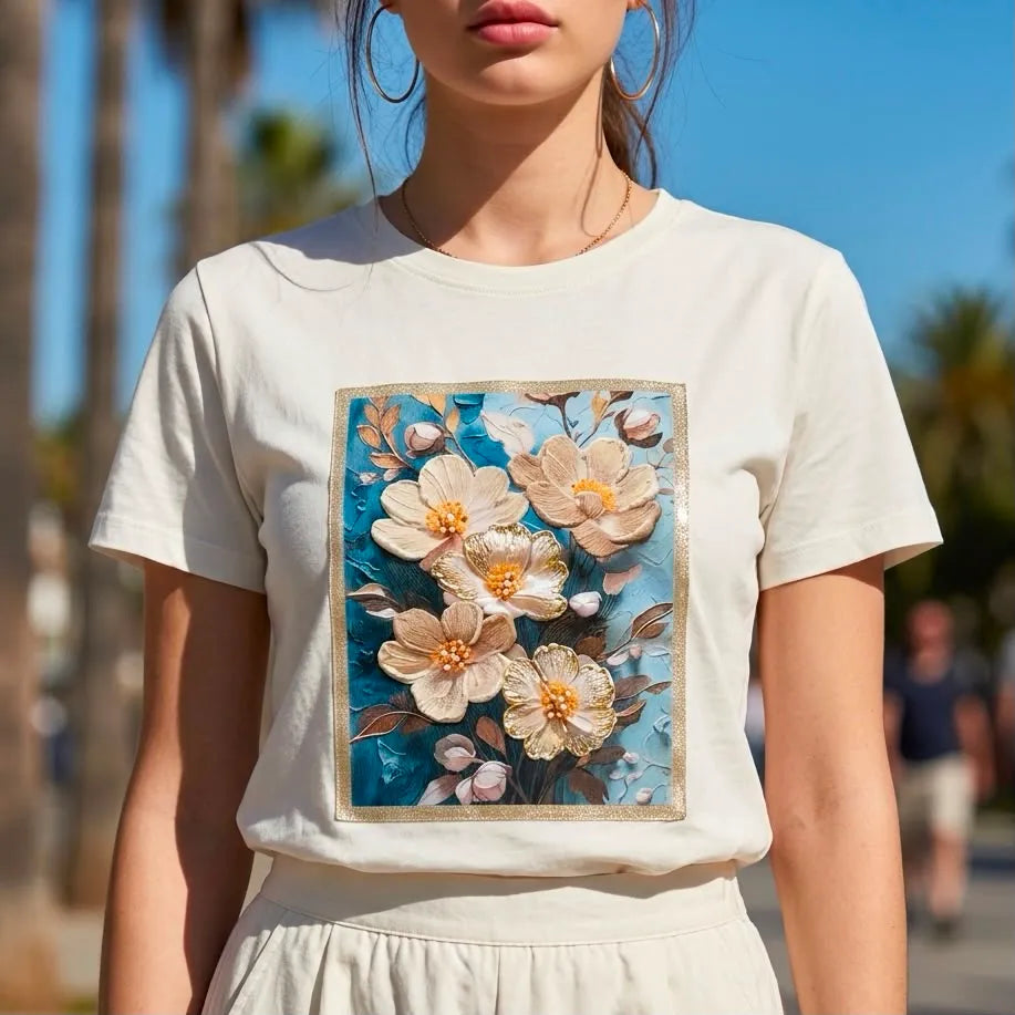 Tricou alb cu imprimeu cu floral 3D - Andra crem 03
