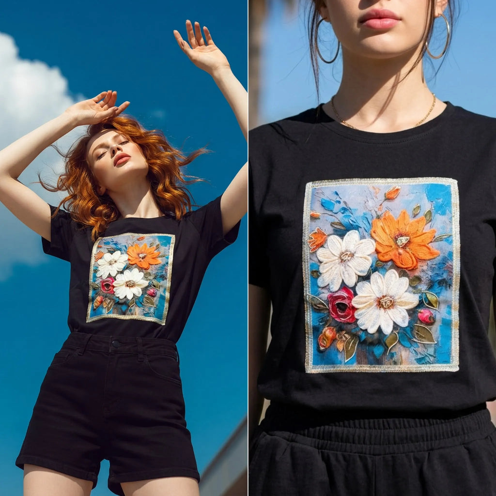 Tricou cu imprimeu cu floral 3D - Andra alb-portocaliu 02