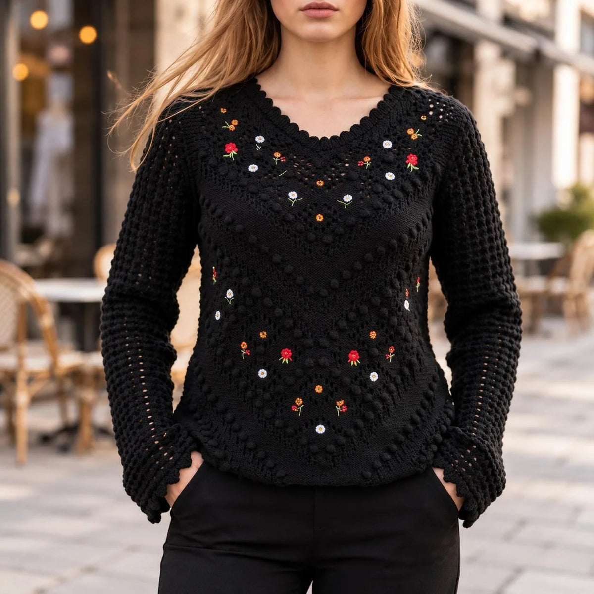 Pulover brodat, negru din tricot si broderie florala - Laura 03