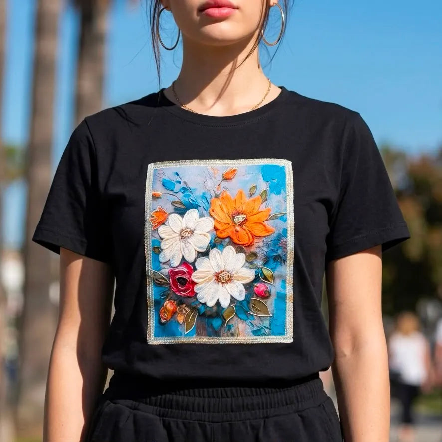 Tricou cu imprimeu cu floral 3D - Andra alb-portocaliu 02