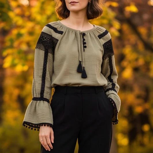 IE Nationala kaki din panza de bumbac cu maneci clopot si dantela crosetata - Valeria 08