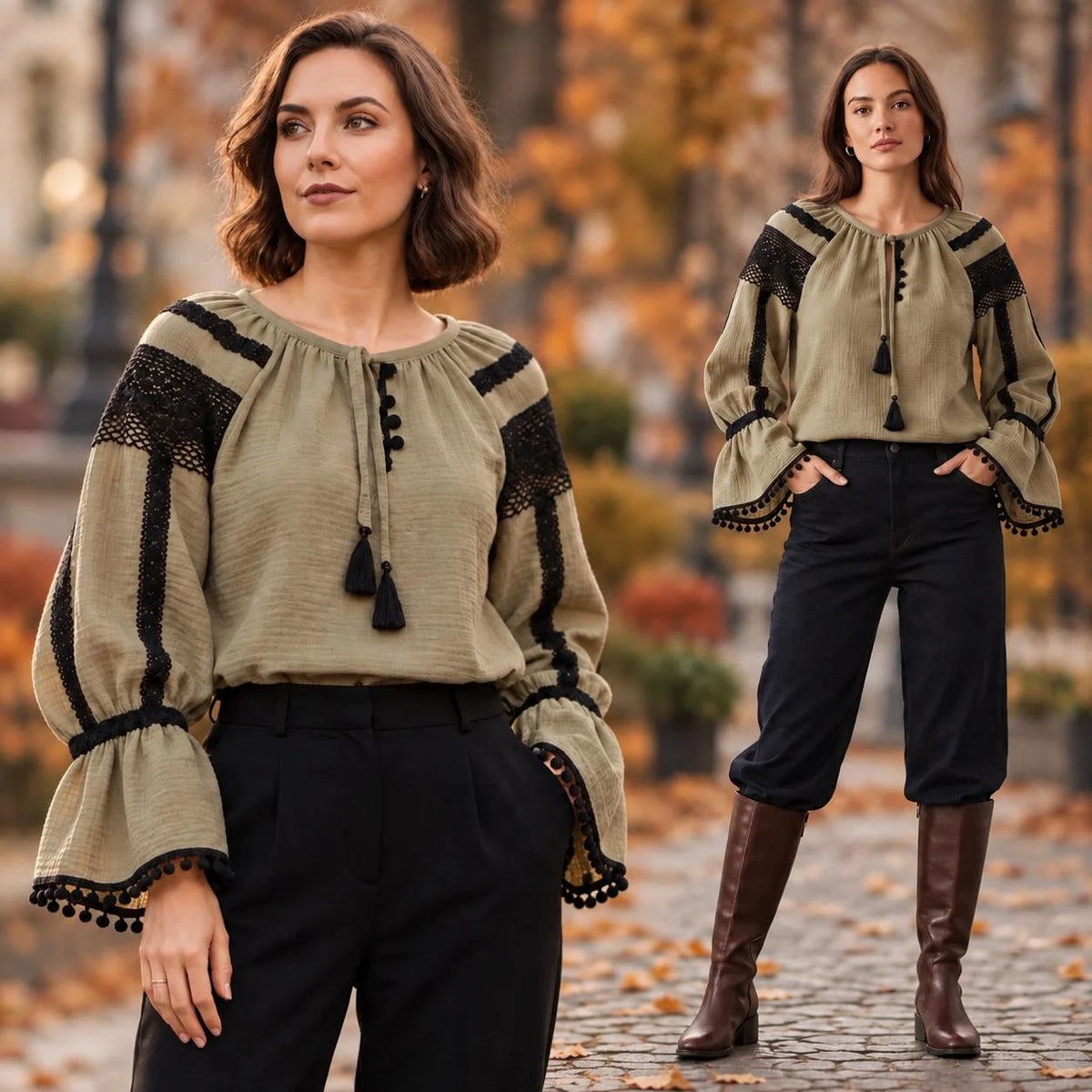 IE Nationala kaki din panza de bumbac cu maneci clopot si dantela crosetata - Valeria 08