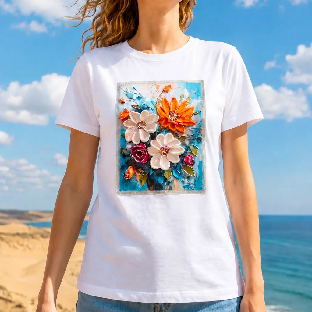 Tricou cu imprimeu cu floral 3D - Andra alb-portocaliu 02