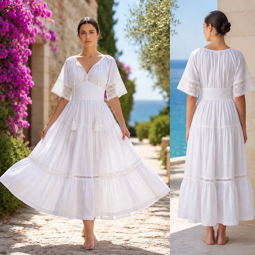 Rochie Nationala alba din panza topita cu maneca scurta - Alma 03