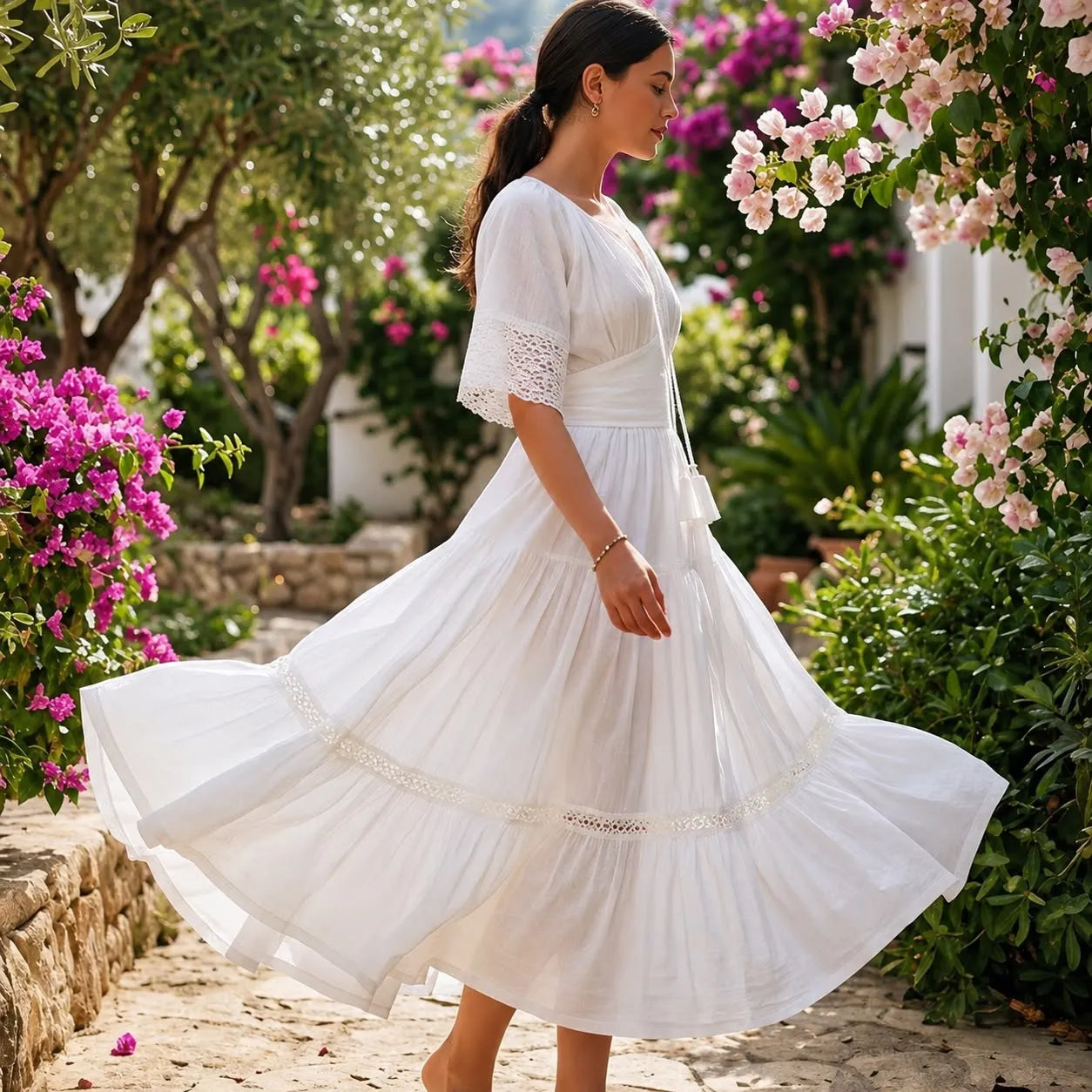 Rochie Nationala alba din panza topita cu maneca scurta - Alma 03