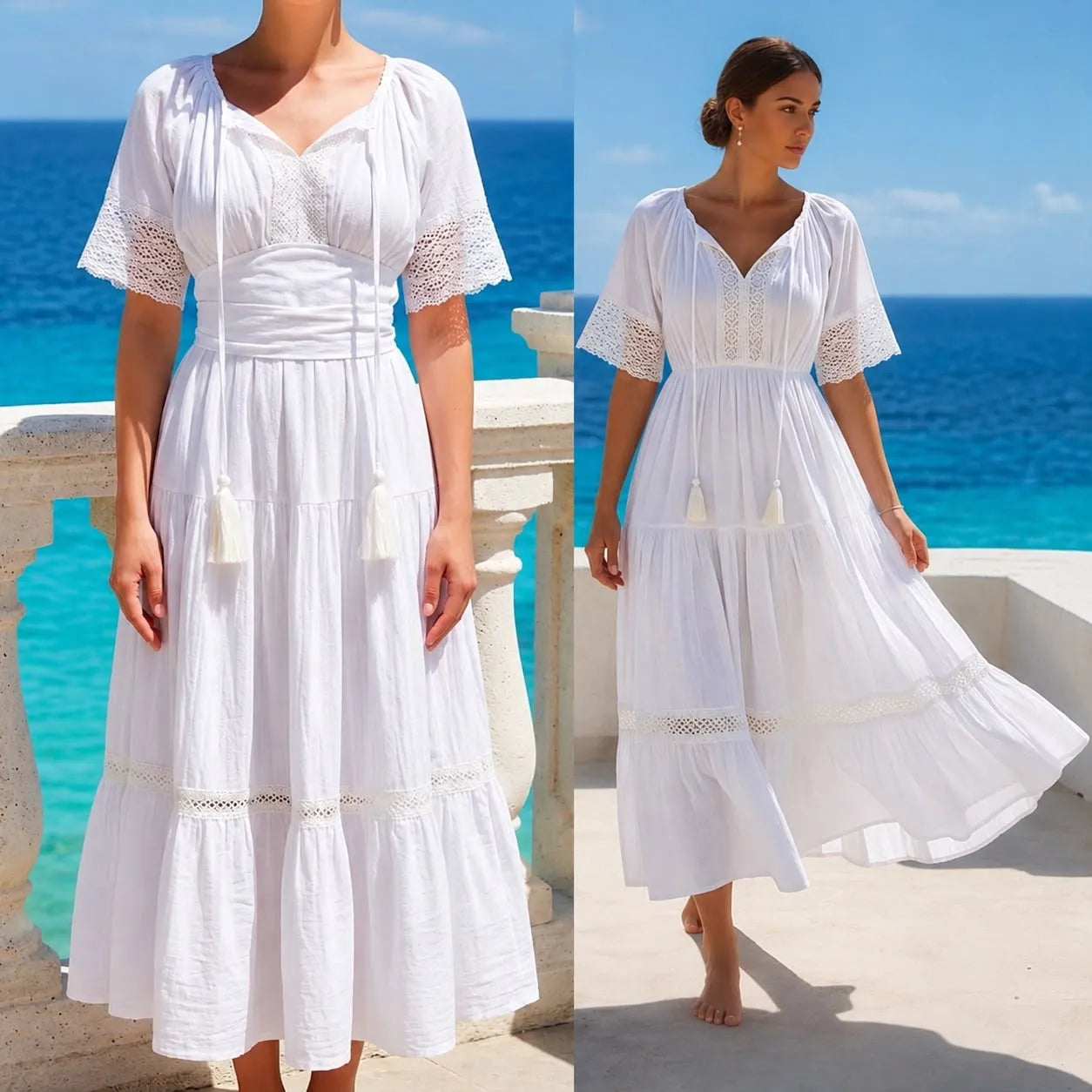 Rochie Nationala alba din panza topita cu maneca scurta - Alma 03