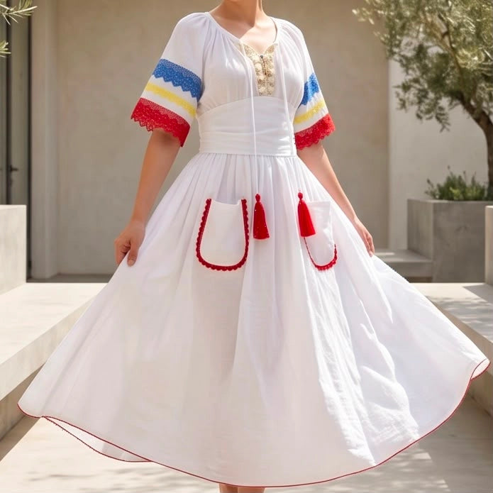 Rochie Nationala alba din panza topita, cu maneca scurta - Tricolor