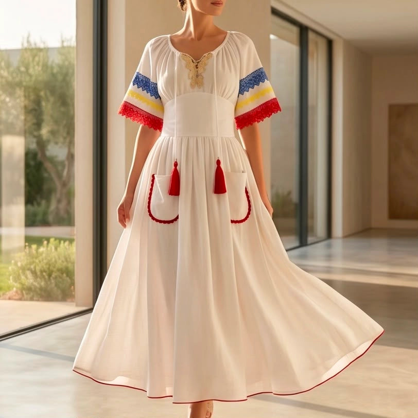 Rochie Nationala alba din panza topita, cu maneca scurta - Tricolor