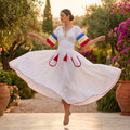 Rochie Nationala alba din panza topita, cu maneca scurta - Tricolor