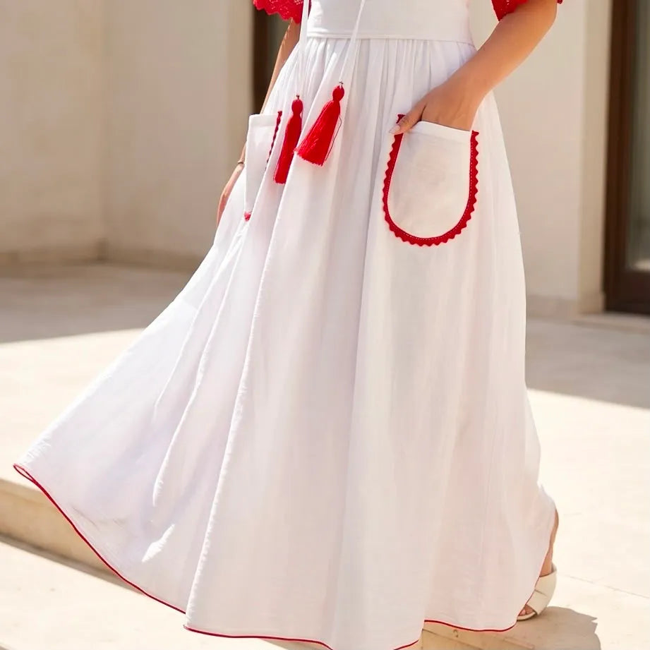 Rochie Nationala alba din panza topita, cu maneca scurta - Tricolor