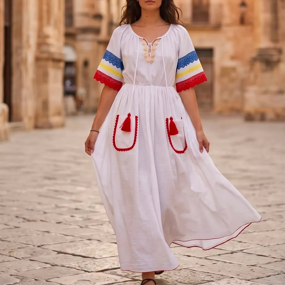 Rochie Nationala alba din panza topita, cu maneca scurta - Tricolor