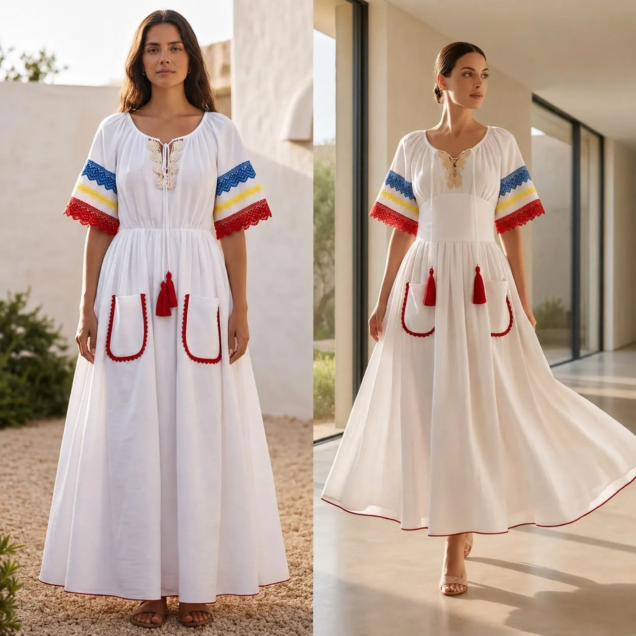 Rochie Nationala alba din panza topita, cu maneca scurta - Tricolor