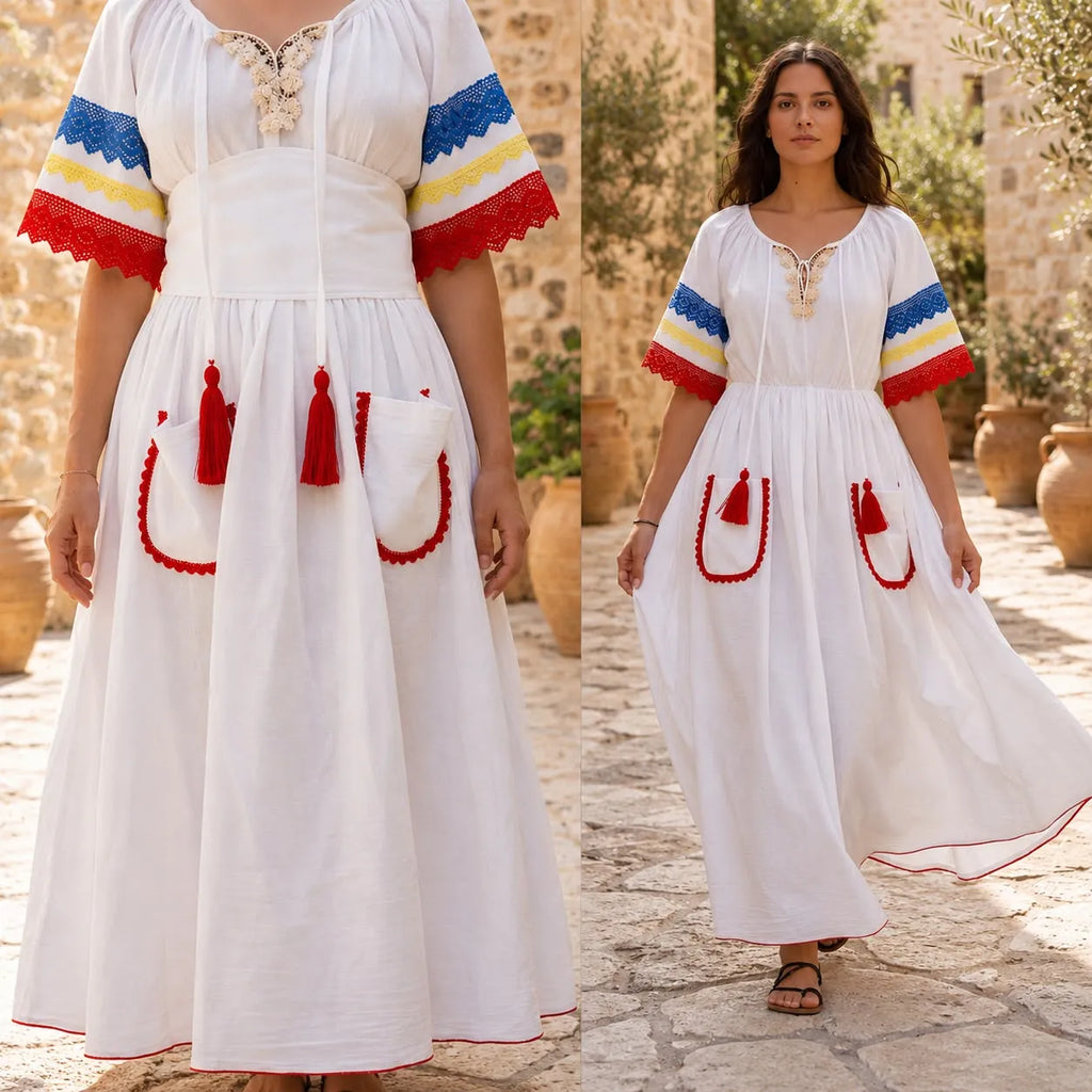 Rochie Nationala alba din panza topita, cu maneca scurta - Tricolor