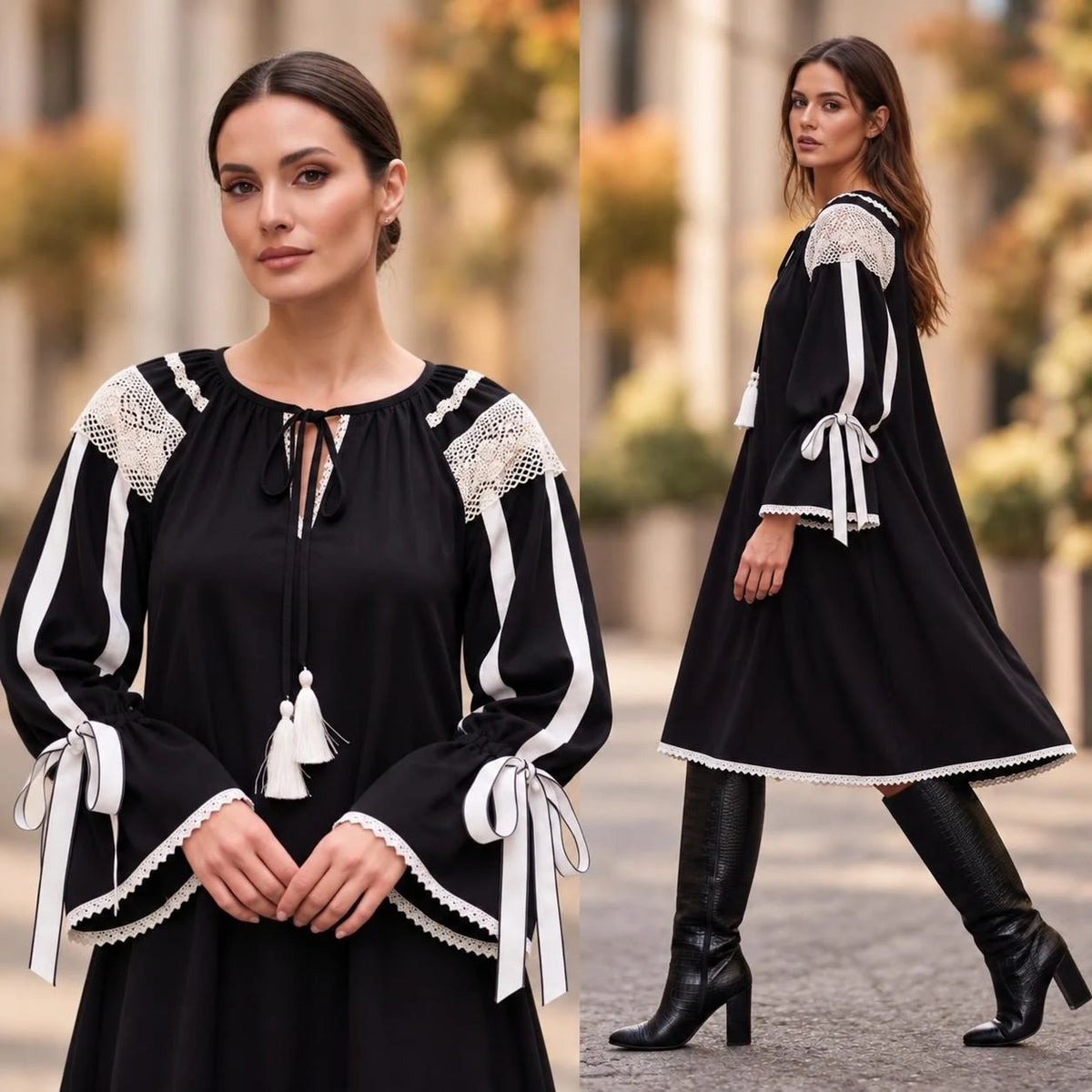 Rochie tip IE Traditionala din in topit negru – Valeria 02