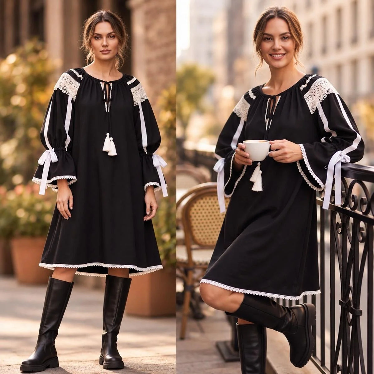 Rochie tip IE Traditionala din in topit negru – Valeria 02