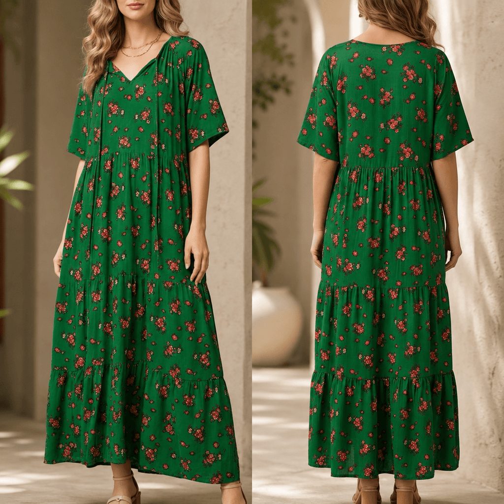 Rochie Nationala lunga verde cu imprimeu floral, croi lejer - Paula 04