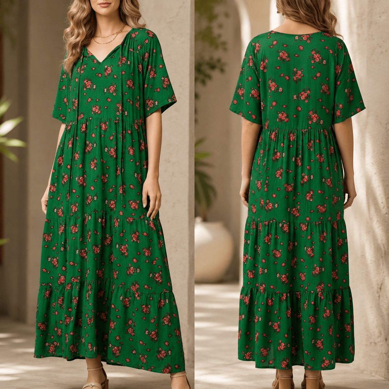 Rochie Nationala lunga verde cu imprimeu floral, croi lejer - Paula 04
