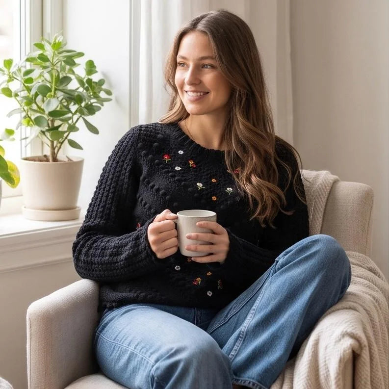 Pulover brodat, negru din tricot si broderie florala - Laura 03