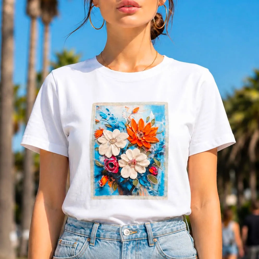 Tricou cu imprimeu cu floral 3D - Andra alb-portocaliu 02