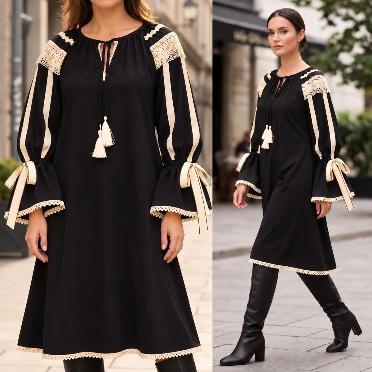 Rochie tip IE Traditionala din in topit negru – Valeria 02
