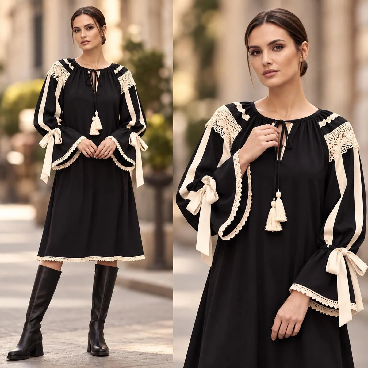 Rochie tip IE Traditionala din in topit negru – Valeria 02