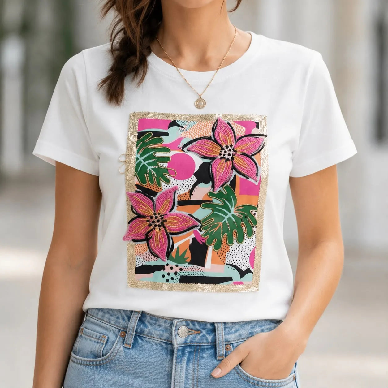 Tricou alb cu imprimeu cu floral 3D - Andra roz 01