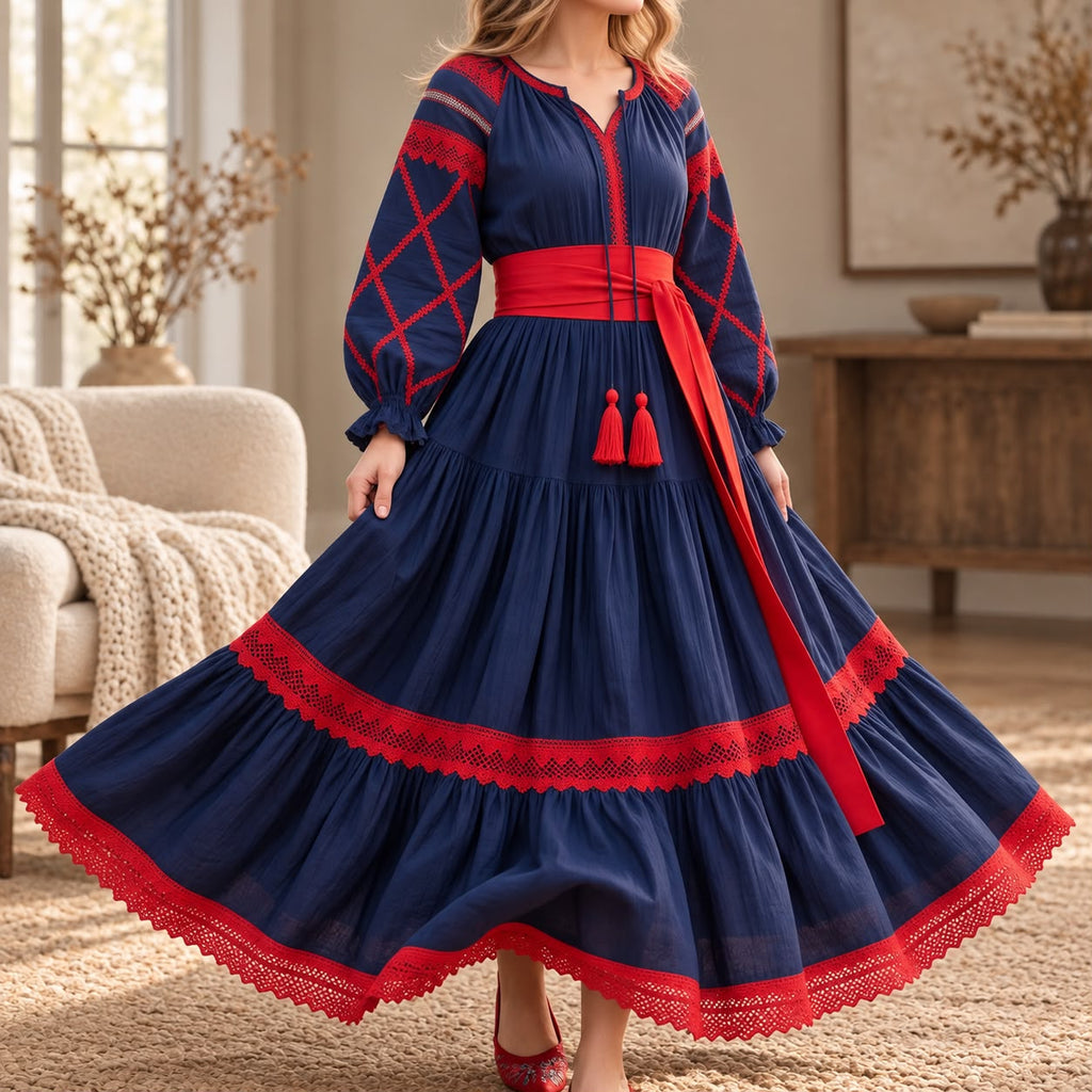 Rochie Nationala tip IE Traditionala bleumarin cu dantela rosie - Maria 03