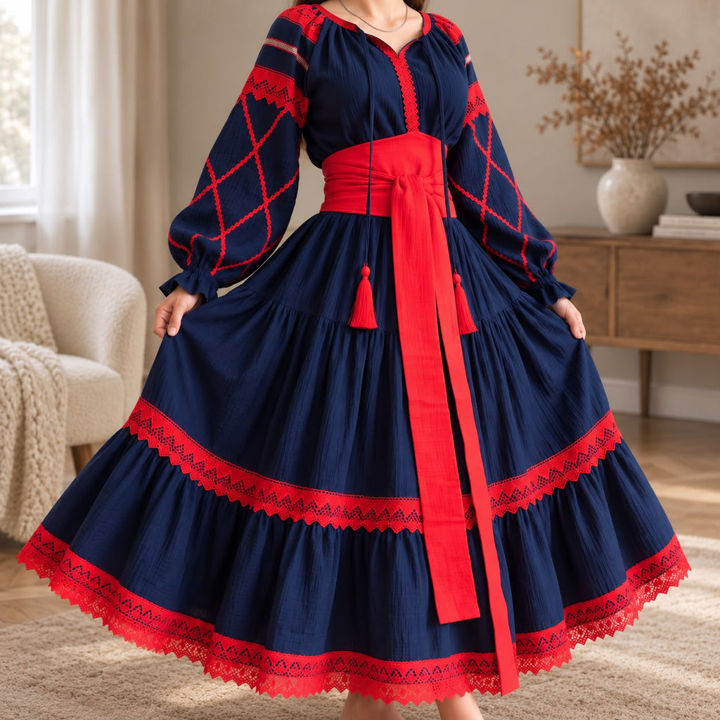 Rochie Nationala tip IE Traditionala bleumarin cu dantela rosie - Maria 03