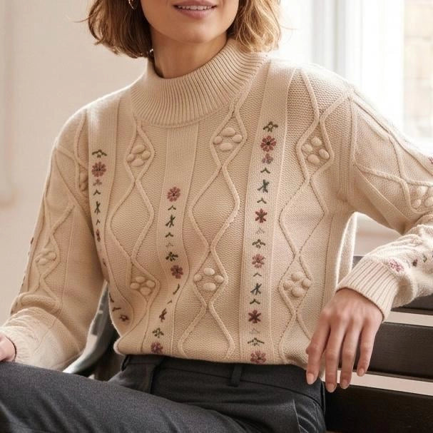 Pulover brodat, crem din tricot si broderie florala - Carmen