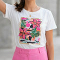 Tricou alb cu imprimeu cu floral 3D - Andra roz 01