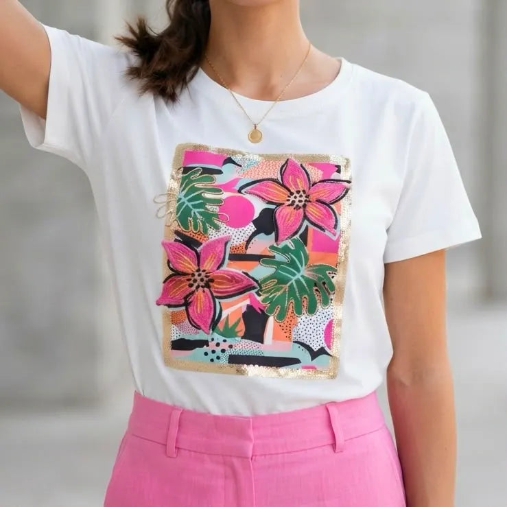 Tricou alb cu imprimeu cu floral 3D - Andra roz 01
