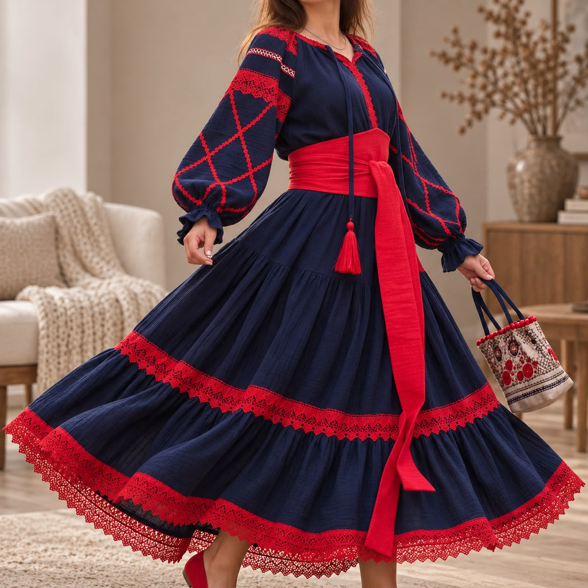 Rochie Nationala tip IE Traditionala bleumarin cu dantela rosie - Maria 03
