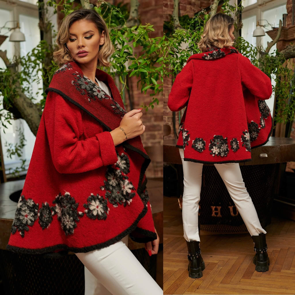 Poncho din lana cu maneca lunga - rosu