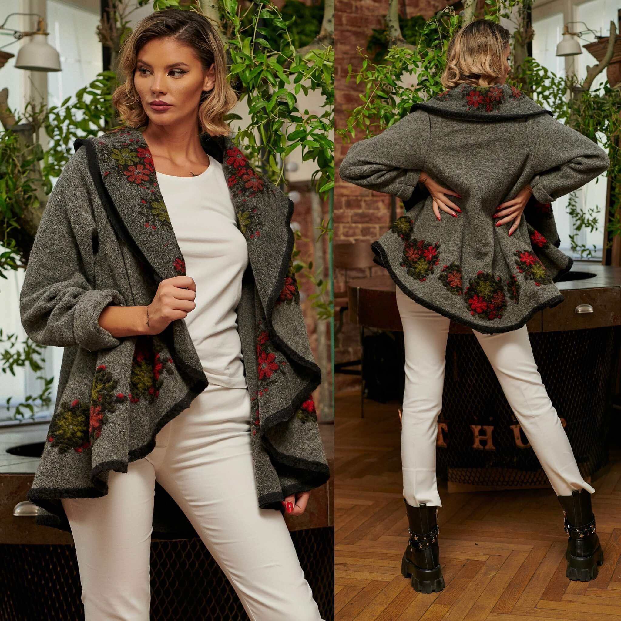 Poncho din lana cu maneca lunga - gri