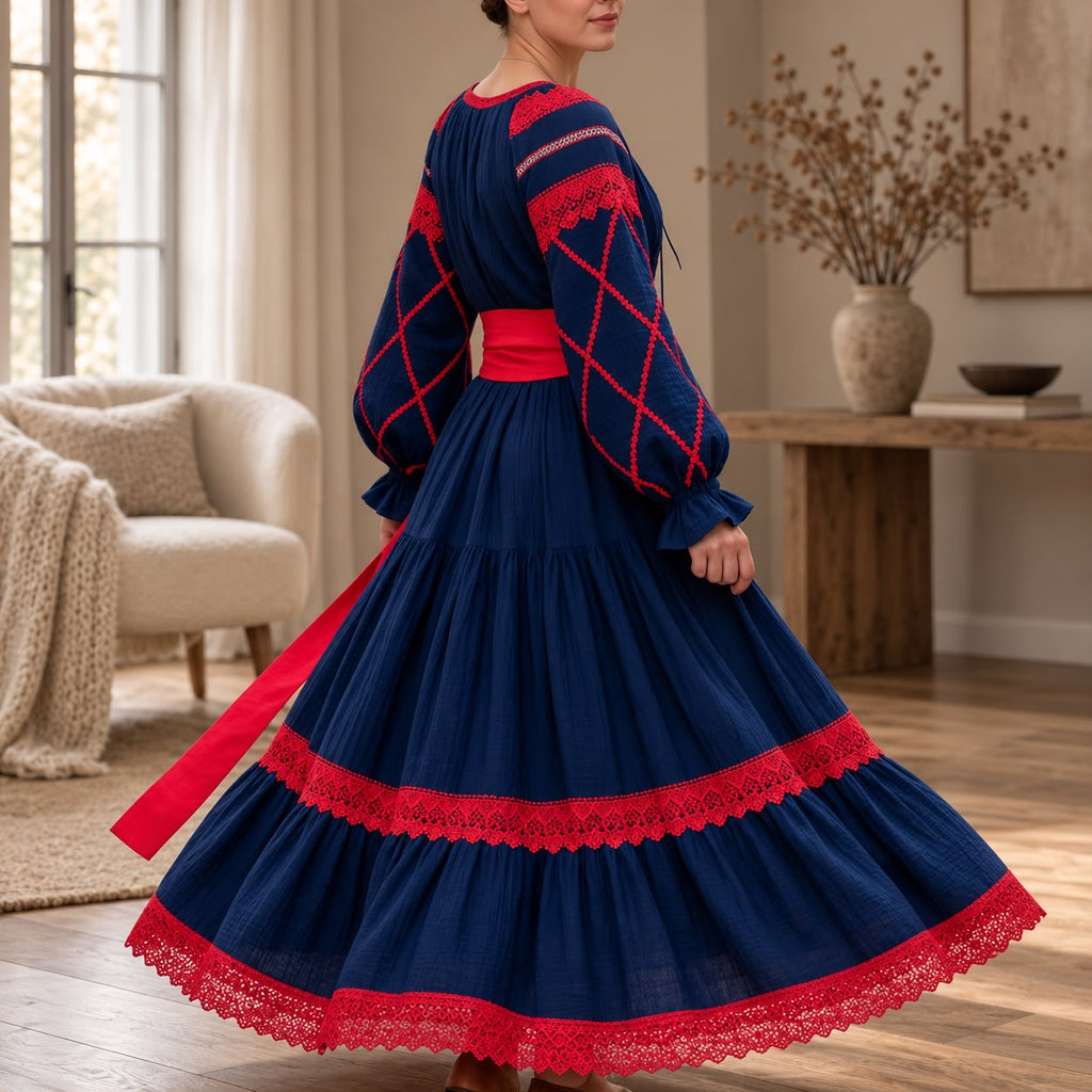 Rochie Nationala tip IE Traditionala bleumarin cu dantela rosie - Maria 03