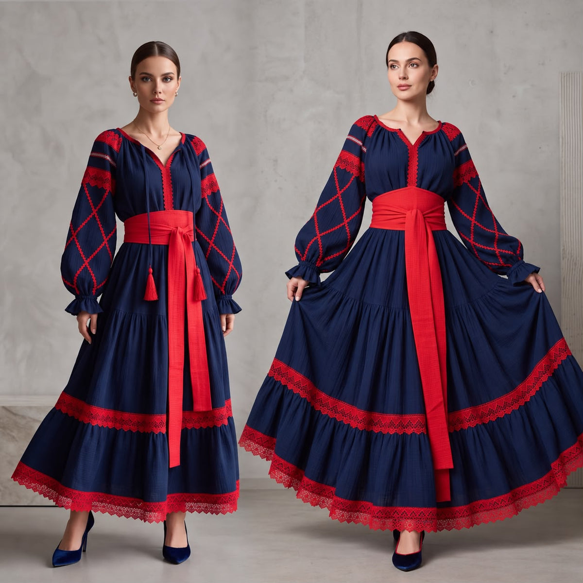 Rochie Nationala tip IE Traditionala bleumarin cu dantela rosie - Maria 03