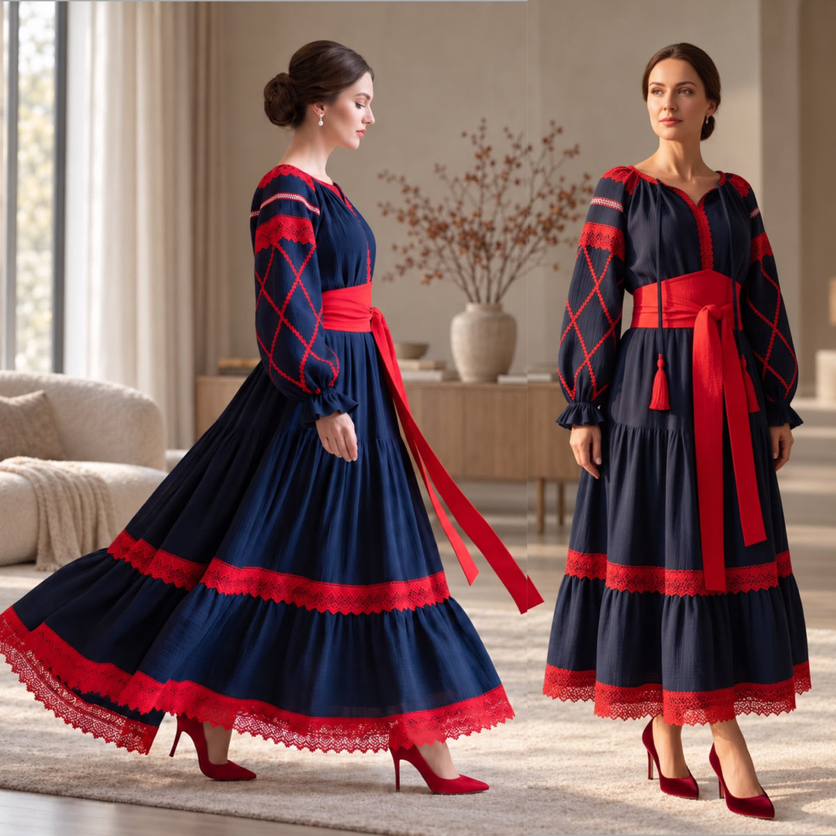 Rochie Nationala tip IE Traditionala bleumarin cu dantela rosie - Maria 03
