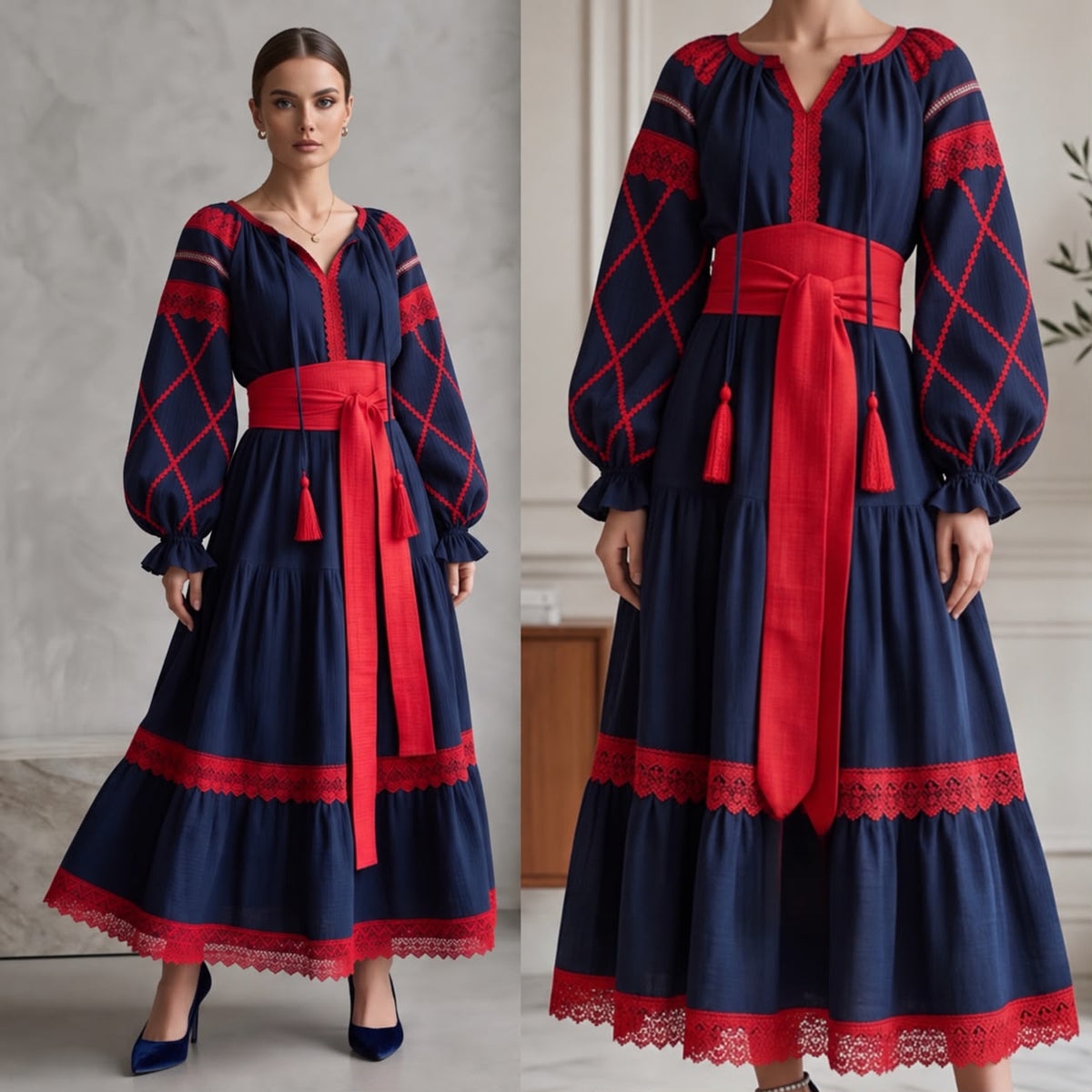 Rochie Nationala tip IE Traditionala bleumarin cu dantela rosie - Maria 03