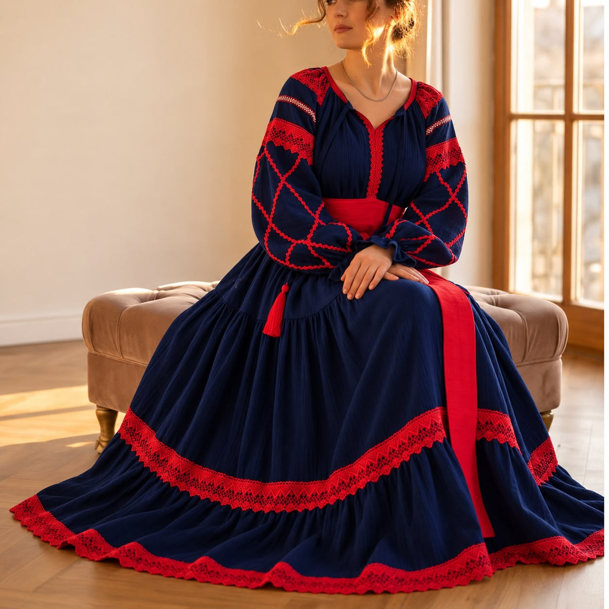 Rochie Nationala tip IE Traditionala bleumarin cu dantela rosie - Maria 03