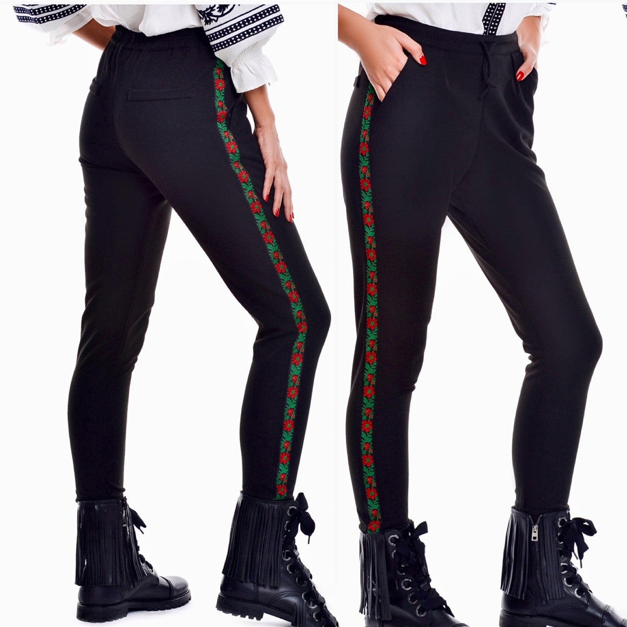 Pantaloni negri cu tesatura florala