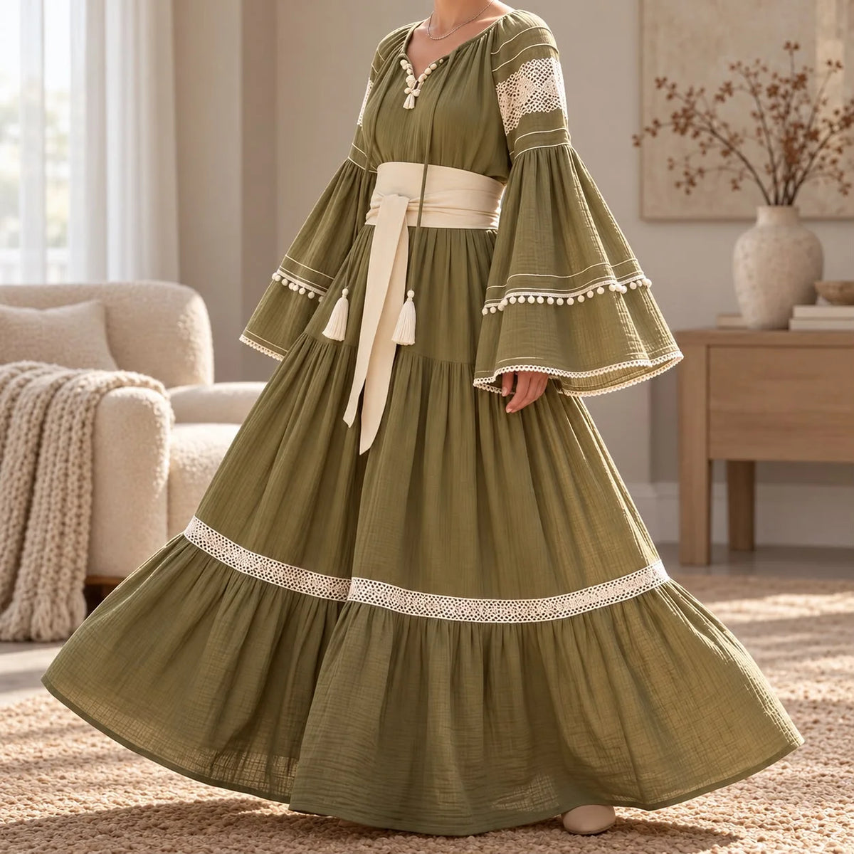Rochie Nationala tip IE Traditionala cu dantela crem - Alina kaki 01