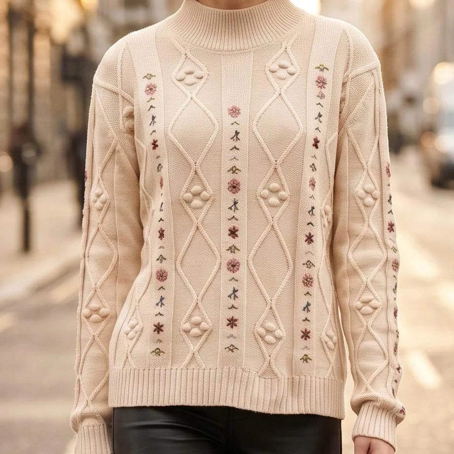 Pulover brodat, crem din tricot si broderie florala - Carmen