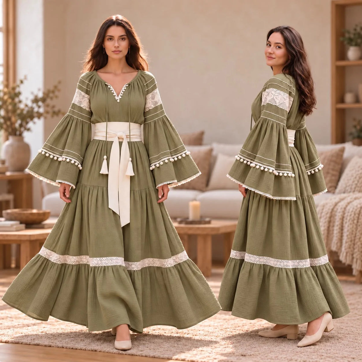 Rochie Nationala tip IE Traditionala cu dantela crem - Alina kaki 01