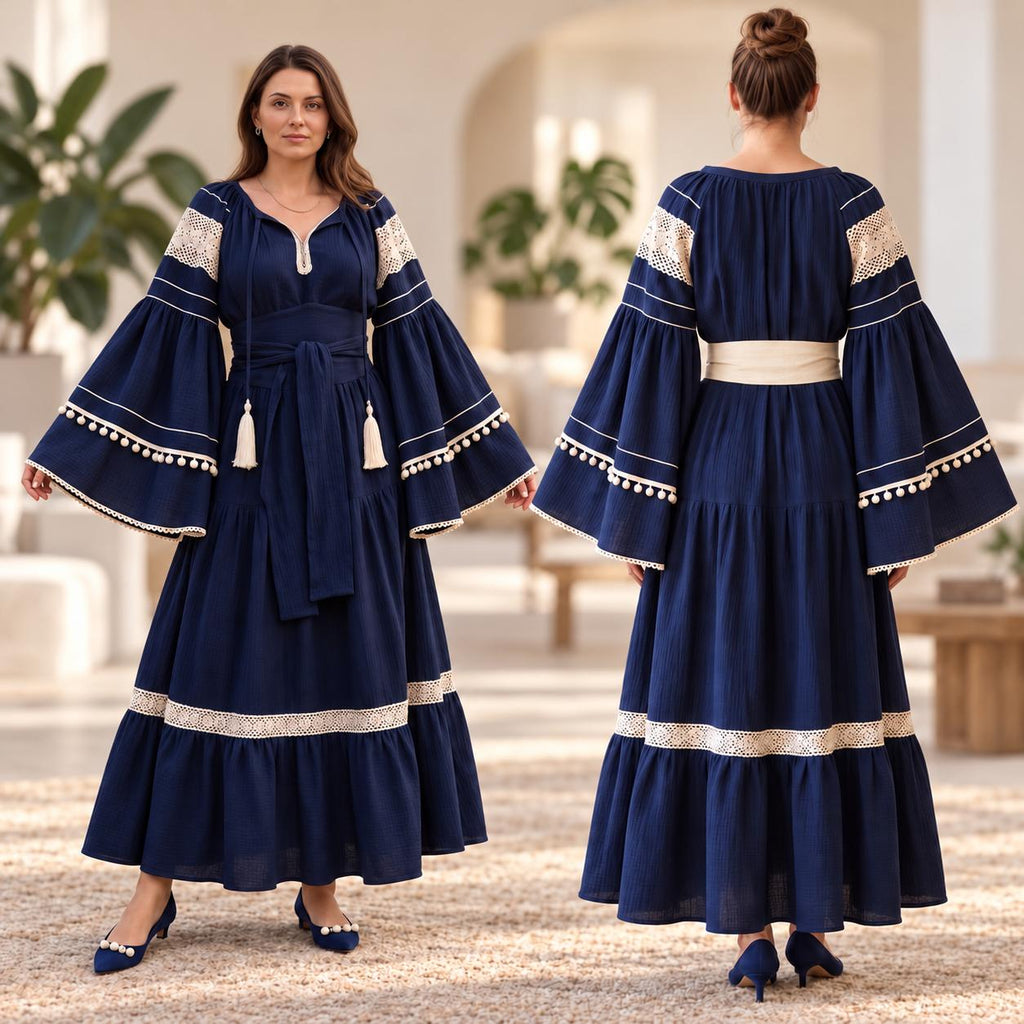 Rochie Nationala tip IE Traditionala cu dantela crem - Alina bleumarin 02