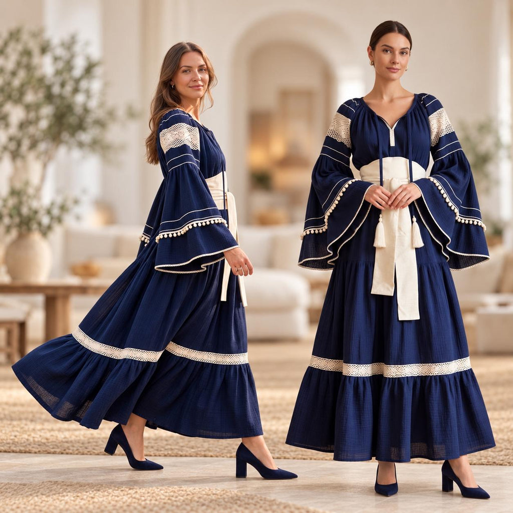 Rochie Nationala tip IE Traditionala cu dantela crem - Alina bleumarin 02