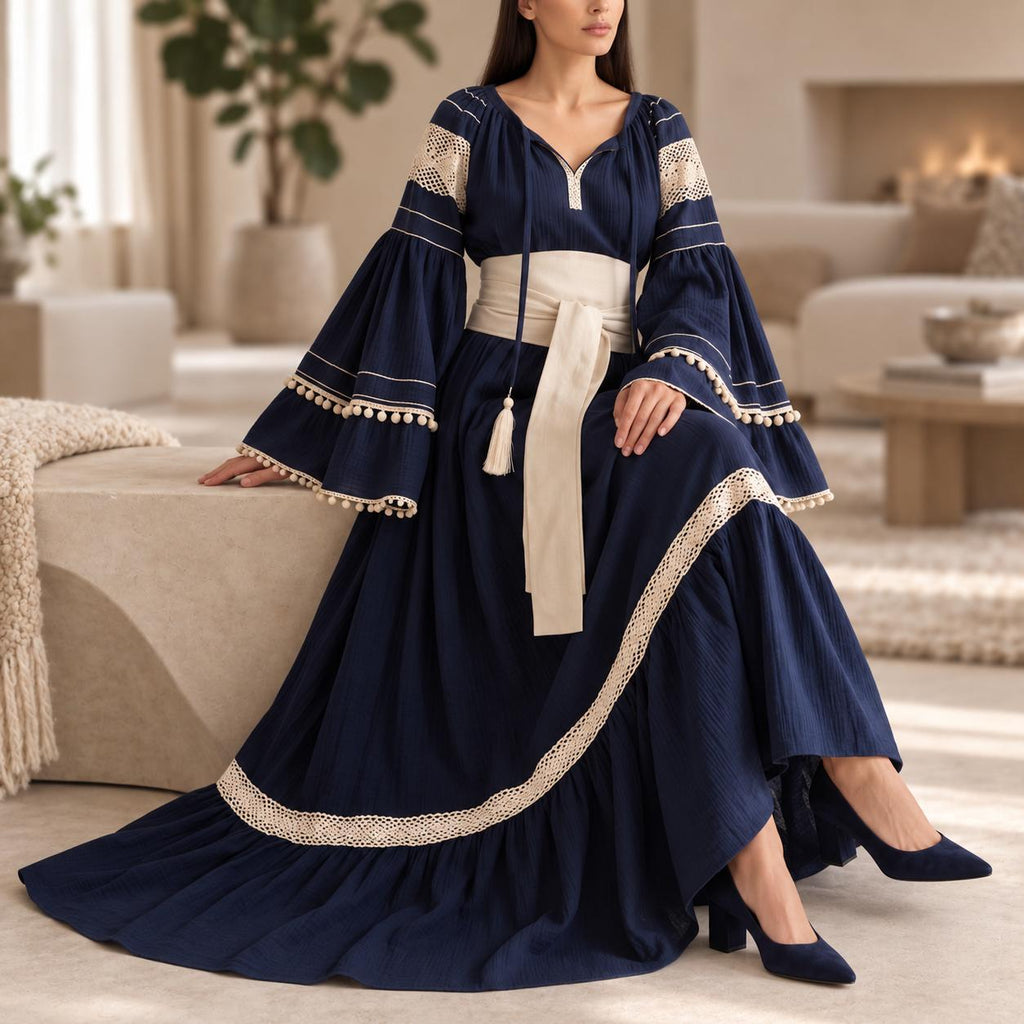 Rochie Nationala tip IE Traditionala cu dantela crem - Alina bleumarin 02