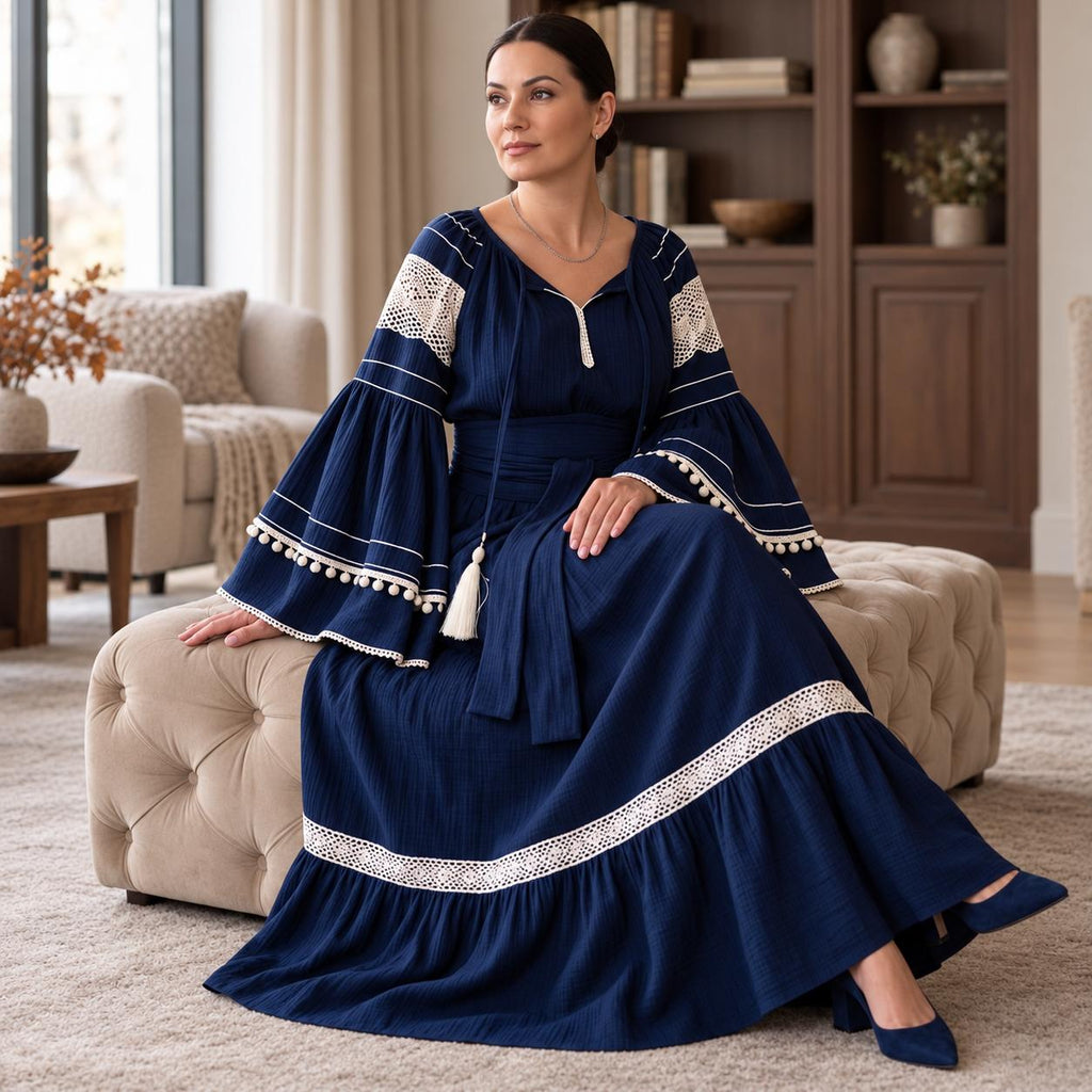 Rochie Nationala tip IE Traditionala cu dantela crem - Alina bleumarin 02