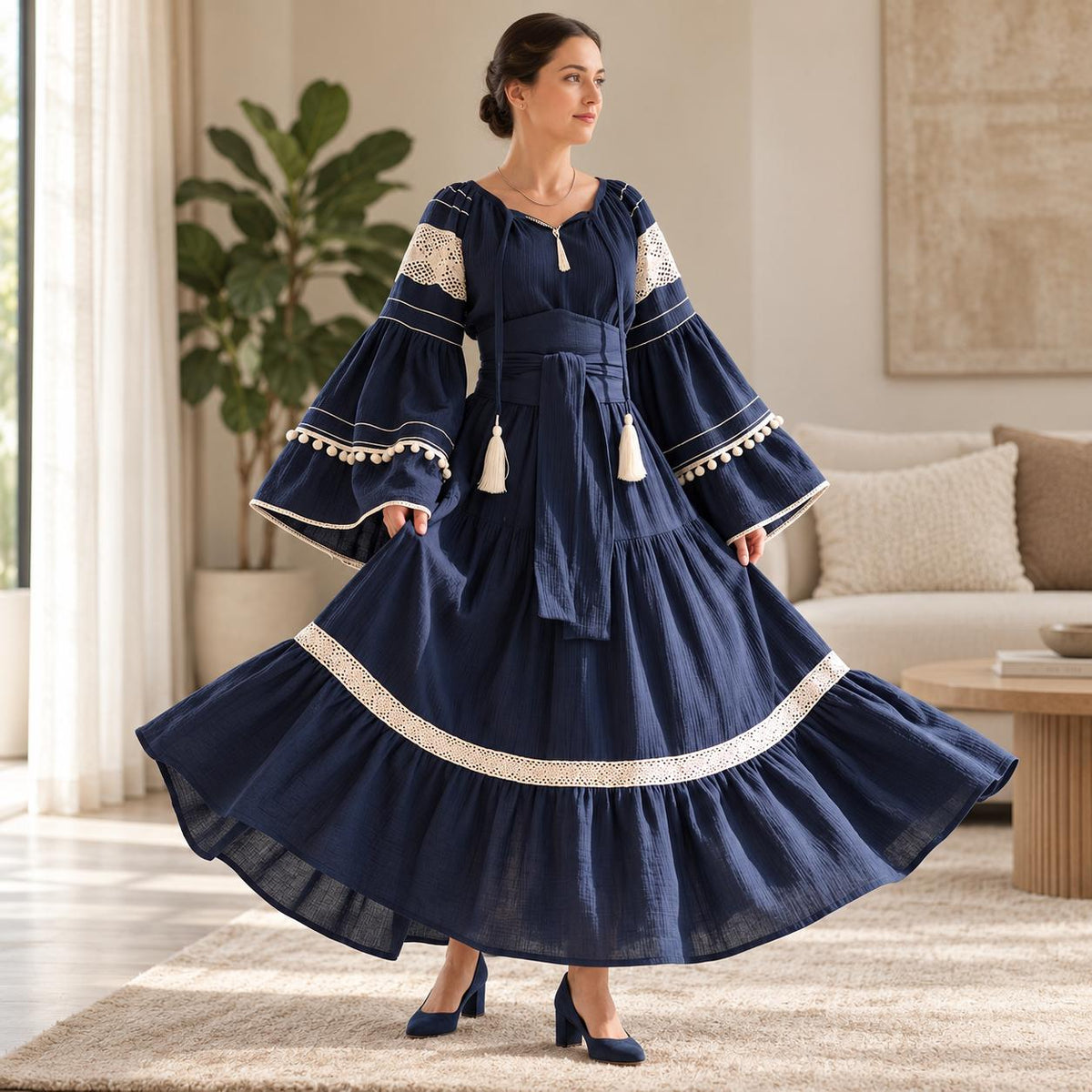 Rochie Nationala tip IE Traditionala cu dantela crem - Alina bleumarin 02